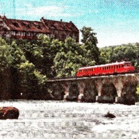 Roter Pfeil und Taucher am Rheinfall
